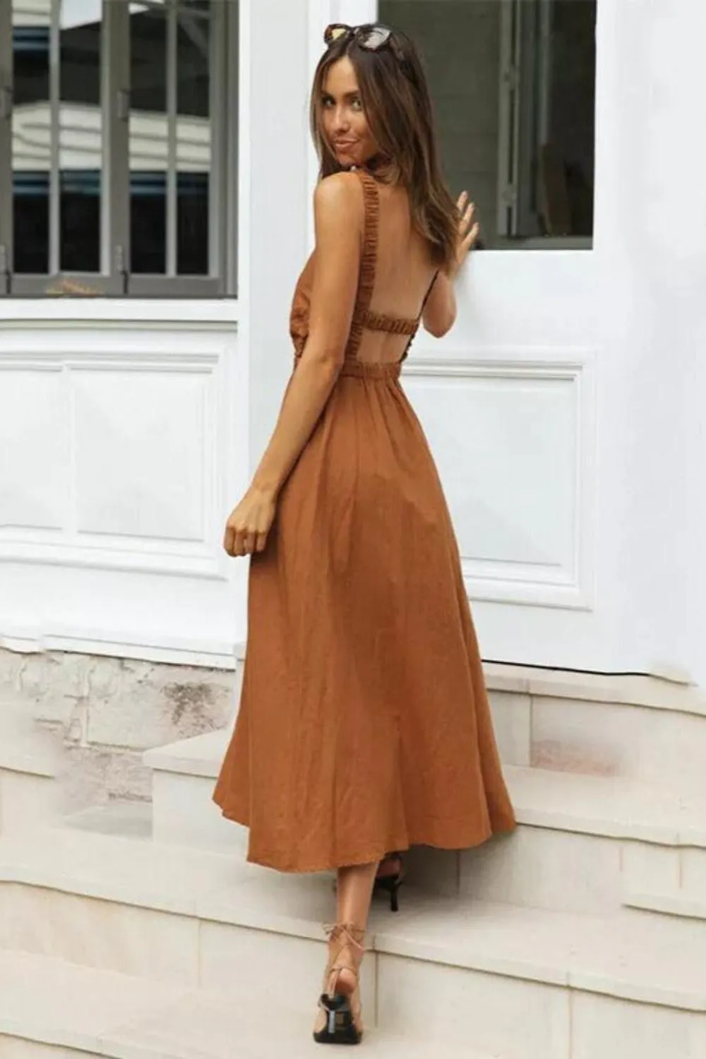 Sexy Spaghetti Sleeve Backless Maxi Dress