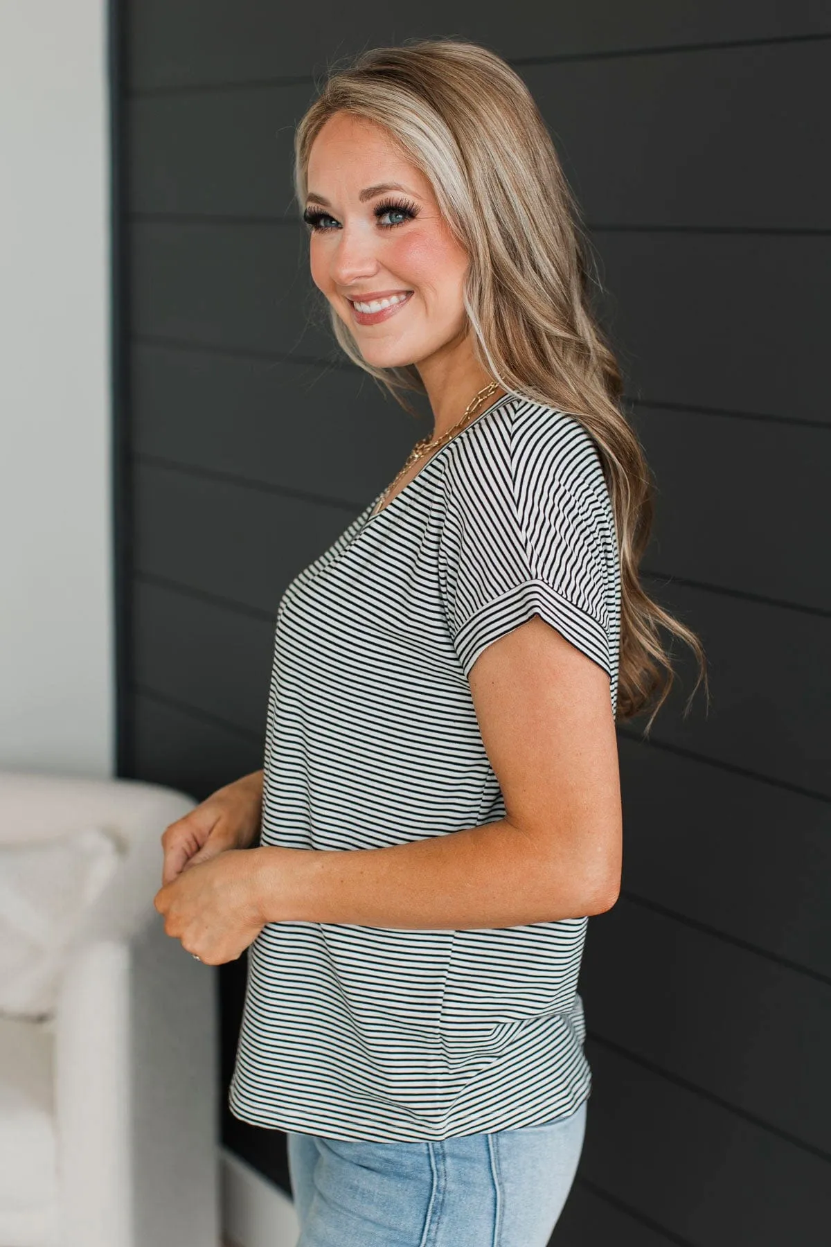 Shifting Emotions Striped V-Neck Top- Ivory & Black