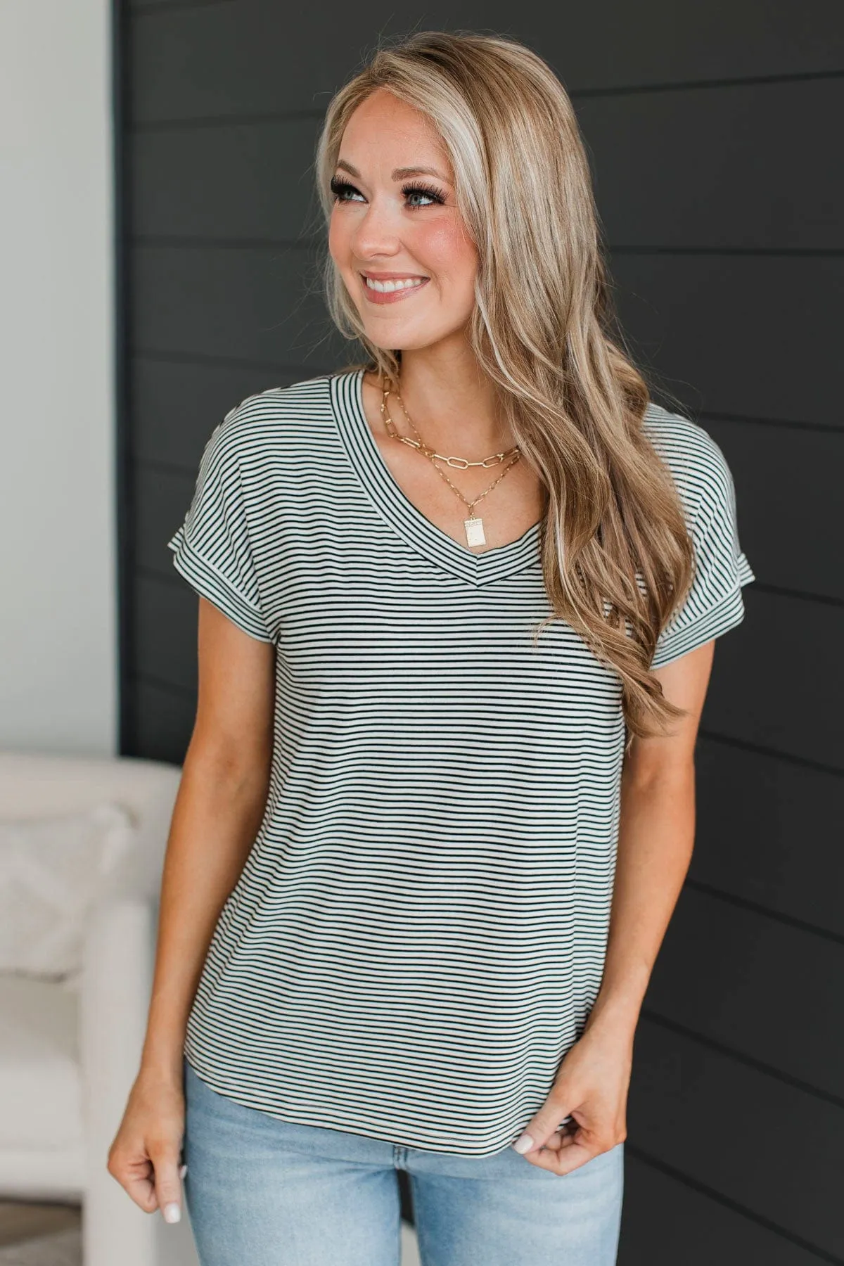 Shifting Emotions Striped V-Neck Top- Ivory & Black