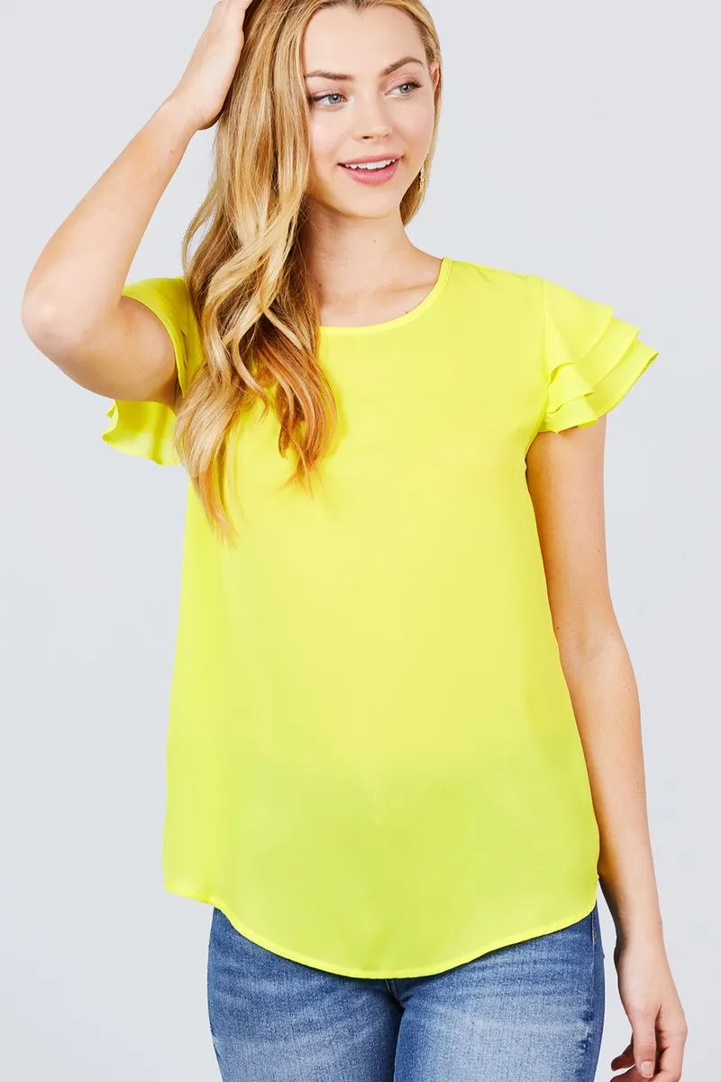 Short Cap Ruffle Sleeve Round Neck Woven Top