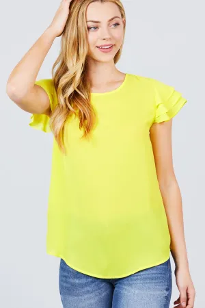 Short Cap Ruffle Sleeve Round Neck Woven Top