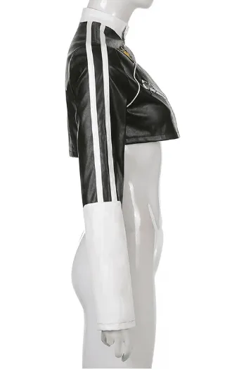 Short motorcycle PU leather jacket