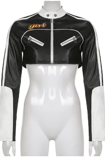 Short motorcycle PU leather jacket