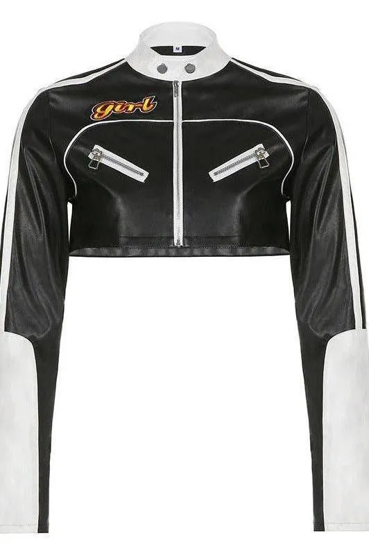 Short motorcycle PU leather jacket