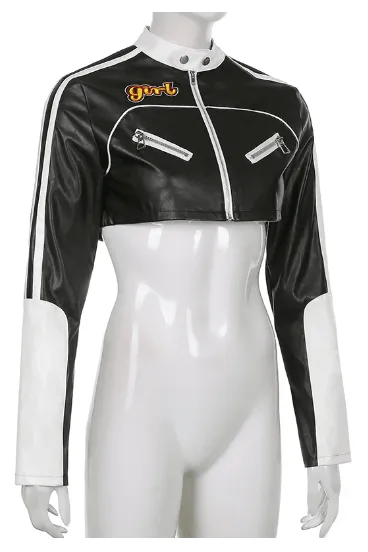 Short motorcycle PU leather jacket