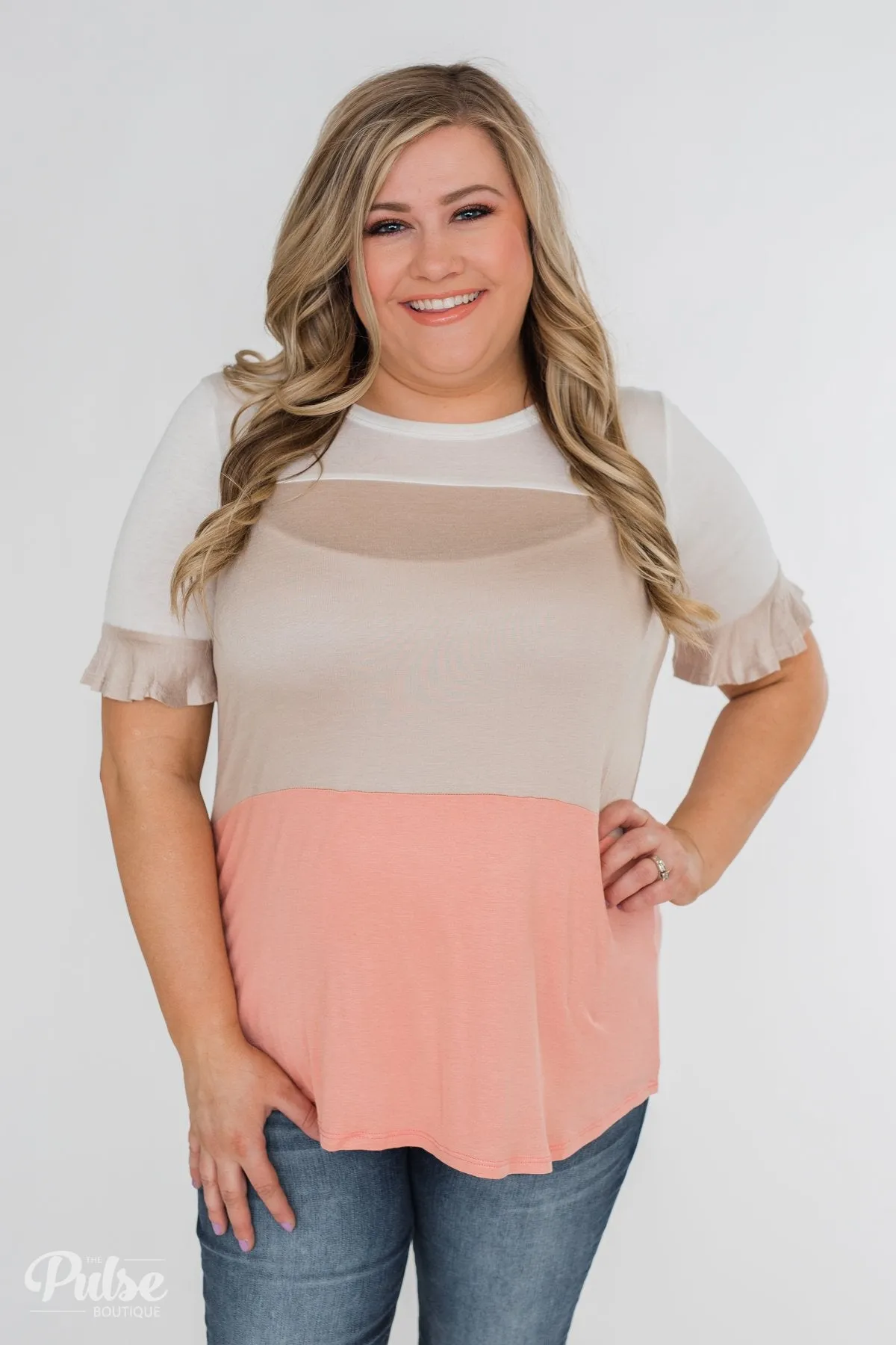 Short Sleeve Color Block Top- Taupe & Peach