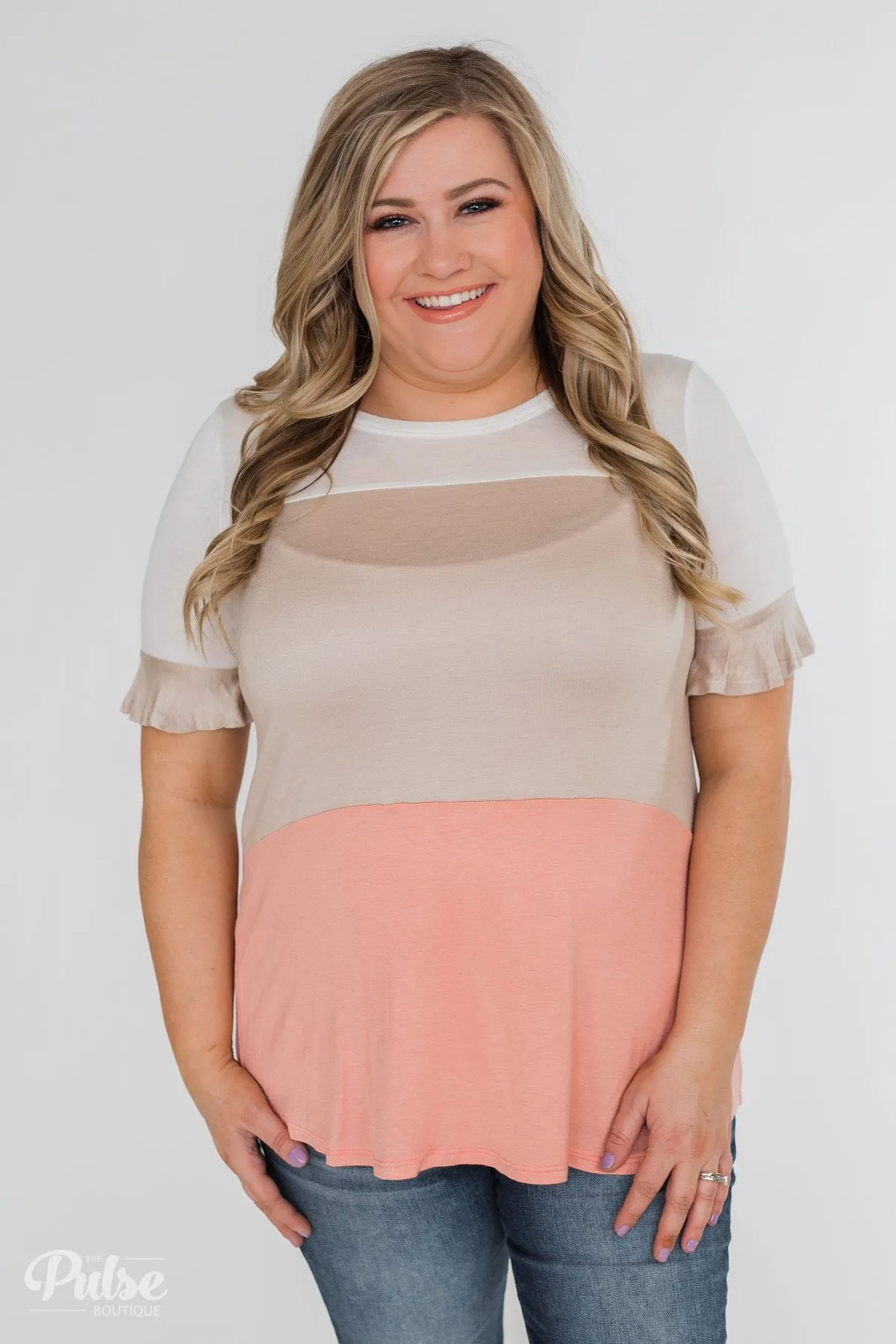 Short Sleeve Color Block Top- Taupe & Peach