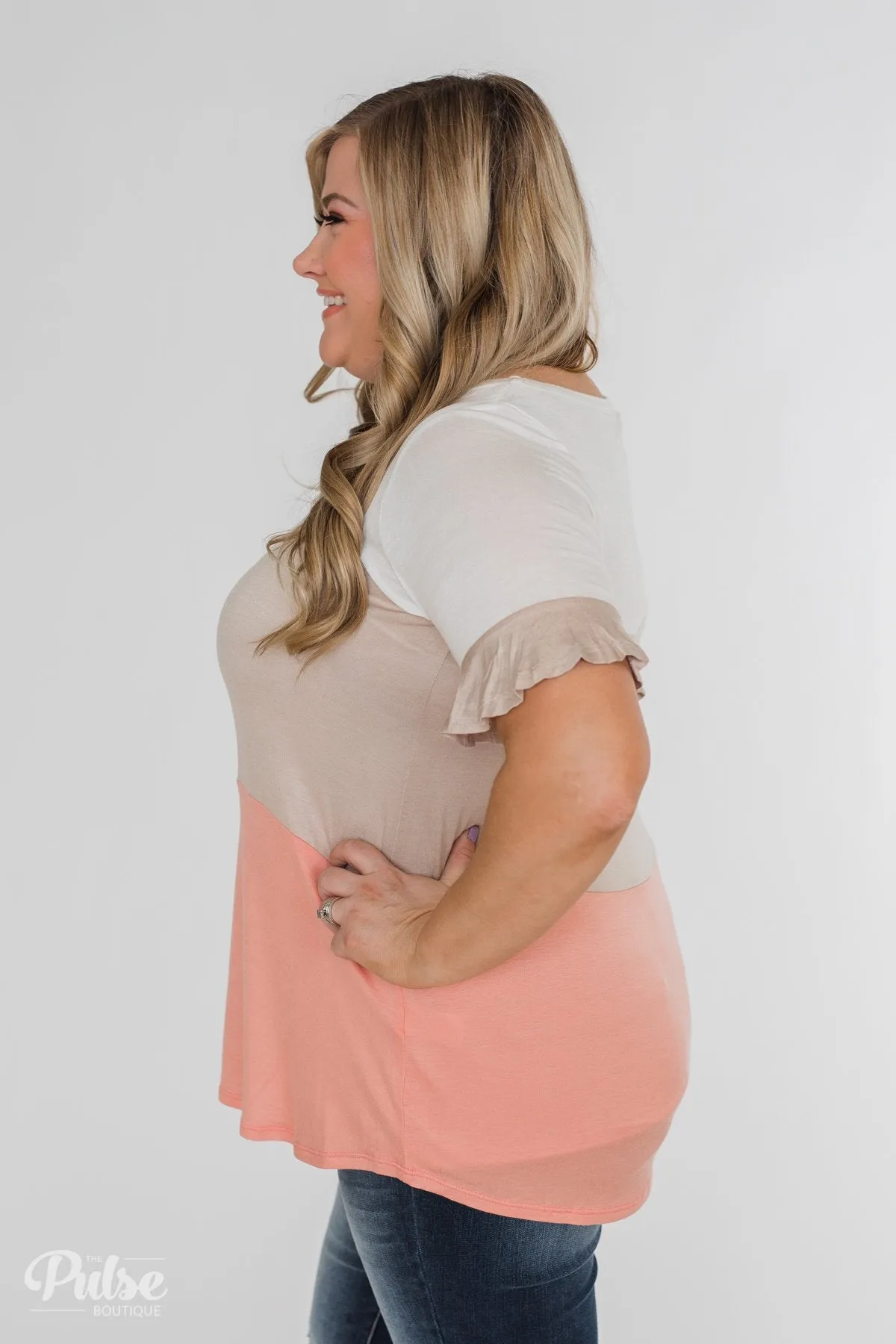 Short Sleeve Color Block Top- Taupe & Peach