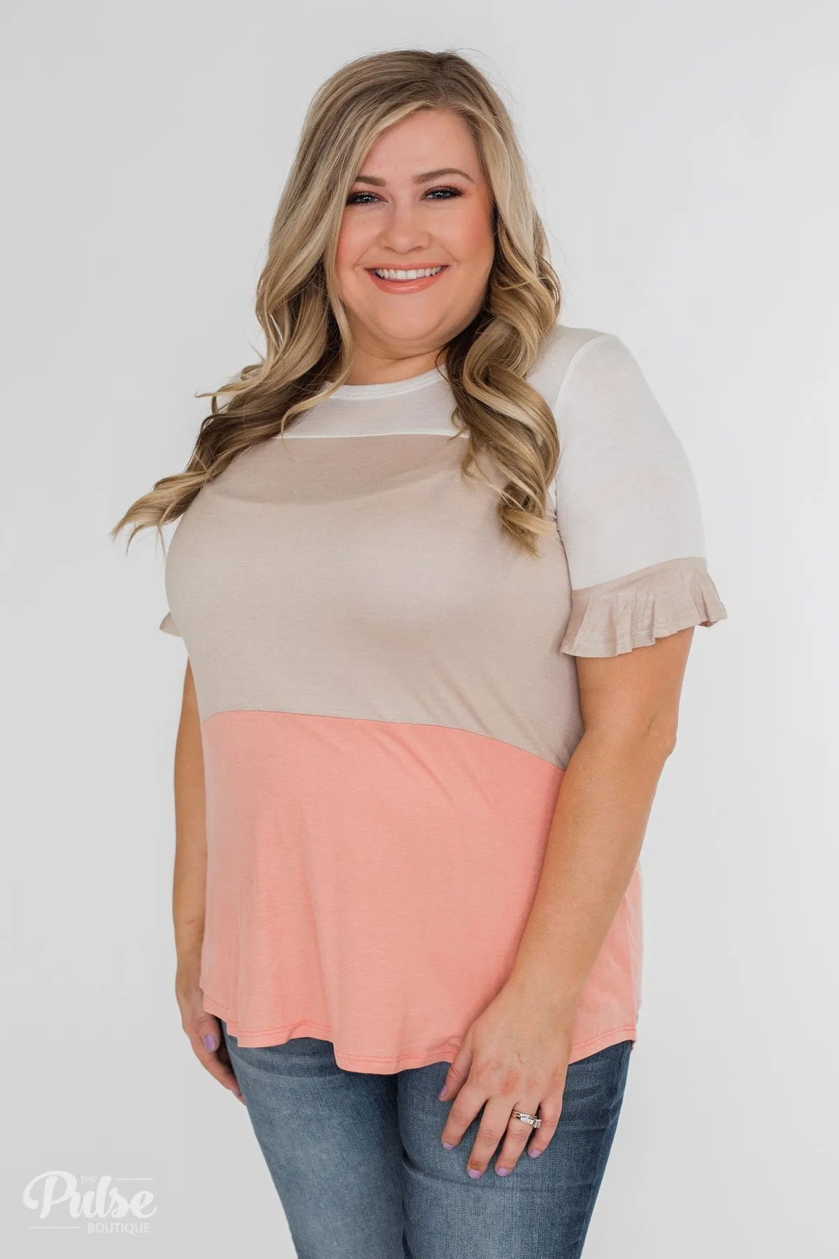 Short Sleeve Color Block Top- Taupe & Peach