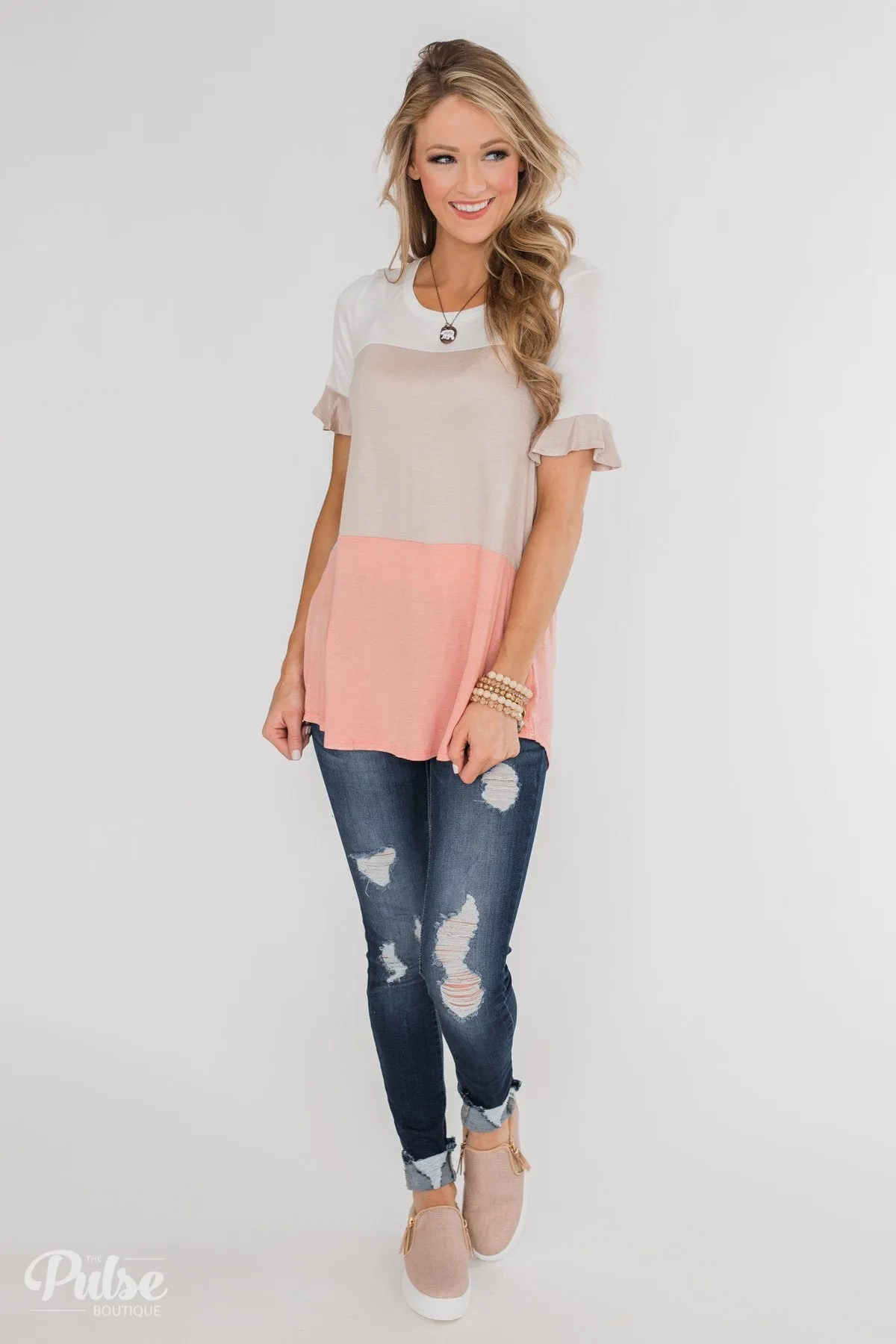 Short Sleeve Color Block Top- Taupe & Peach