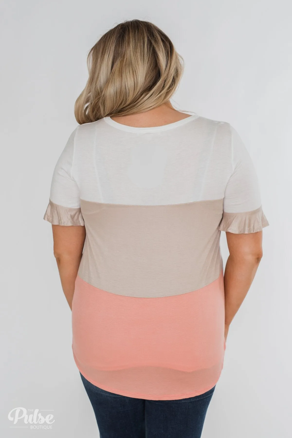 Short Sleeve Color Block Top- Taupe & Peach