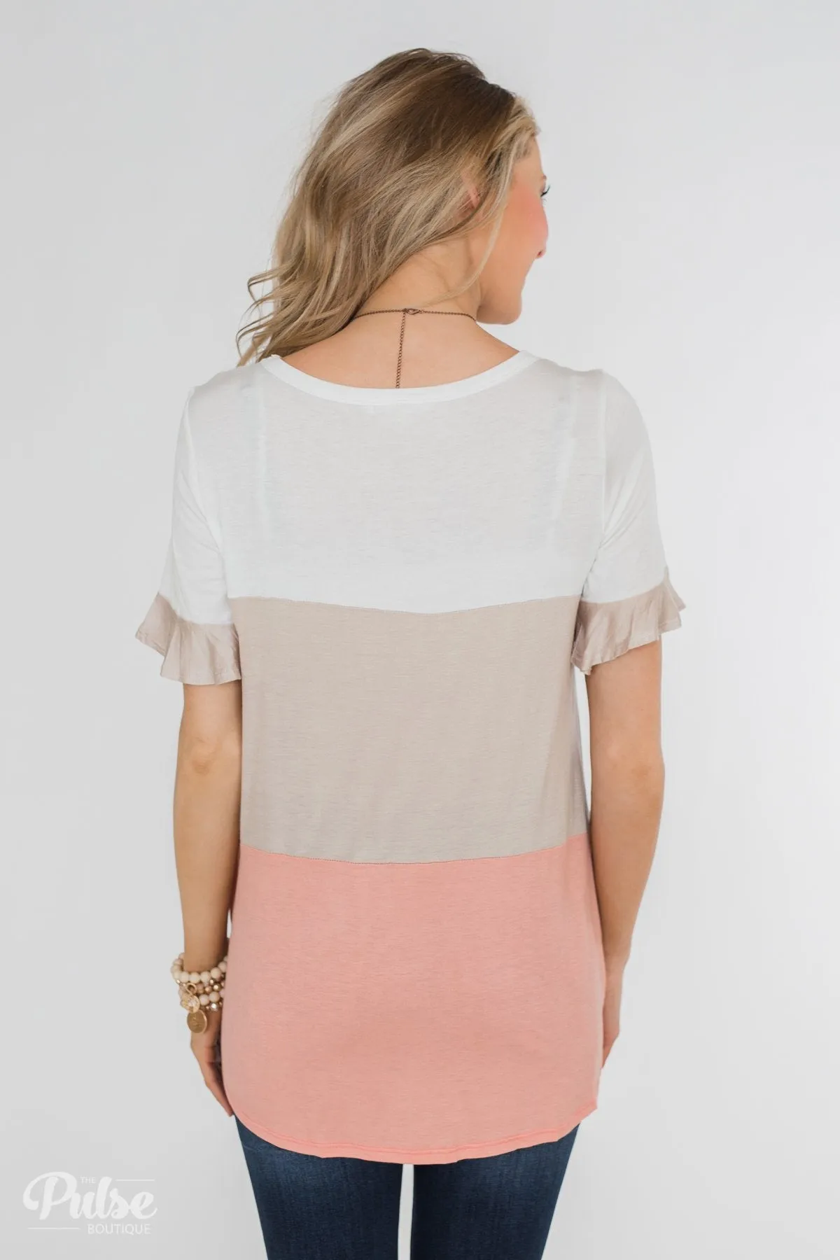 Short Sleeve Color Block Top- Taupe & Peach