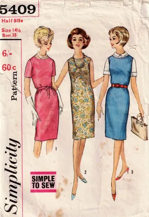 Simplicity 5409 Womens Half Size Slim Shift Dress or Jumper 1960s Vintage Sewing Pattern Size 14 1/2 Bust 35 inches