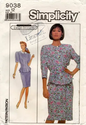 Simplicity 9038 BELLE FRANCE Womens Peplum Top & Skirt 1980s Vintage Sewing Pattern Size 12 UNCUT Factory Folded