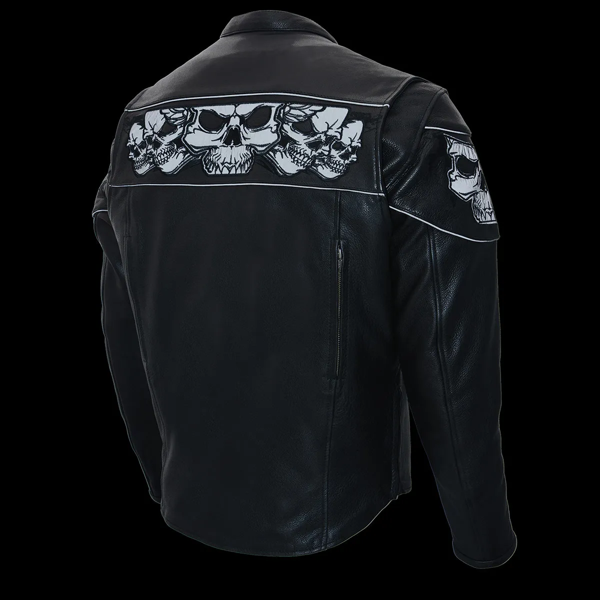 SKULL MLM1500 Men's Crossover Black Leather Scooter Jacket with Reflective Skulls