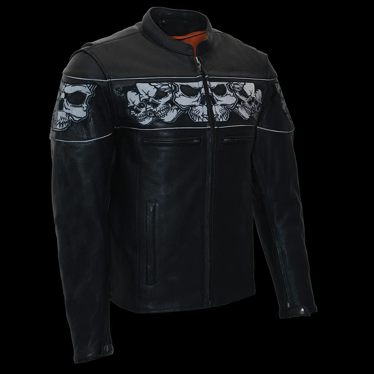 SKULL MLM1500 Men's Crossover Black Leather Scooter Jacket with Reflective Skulls