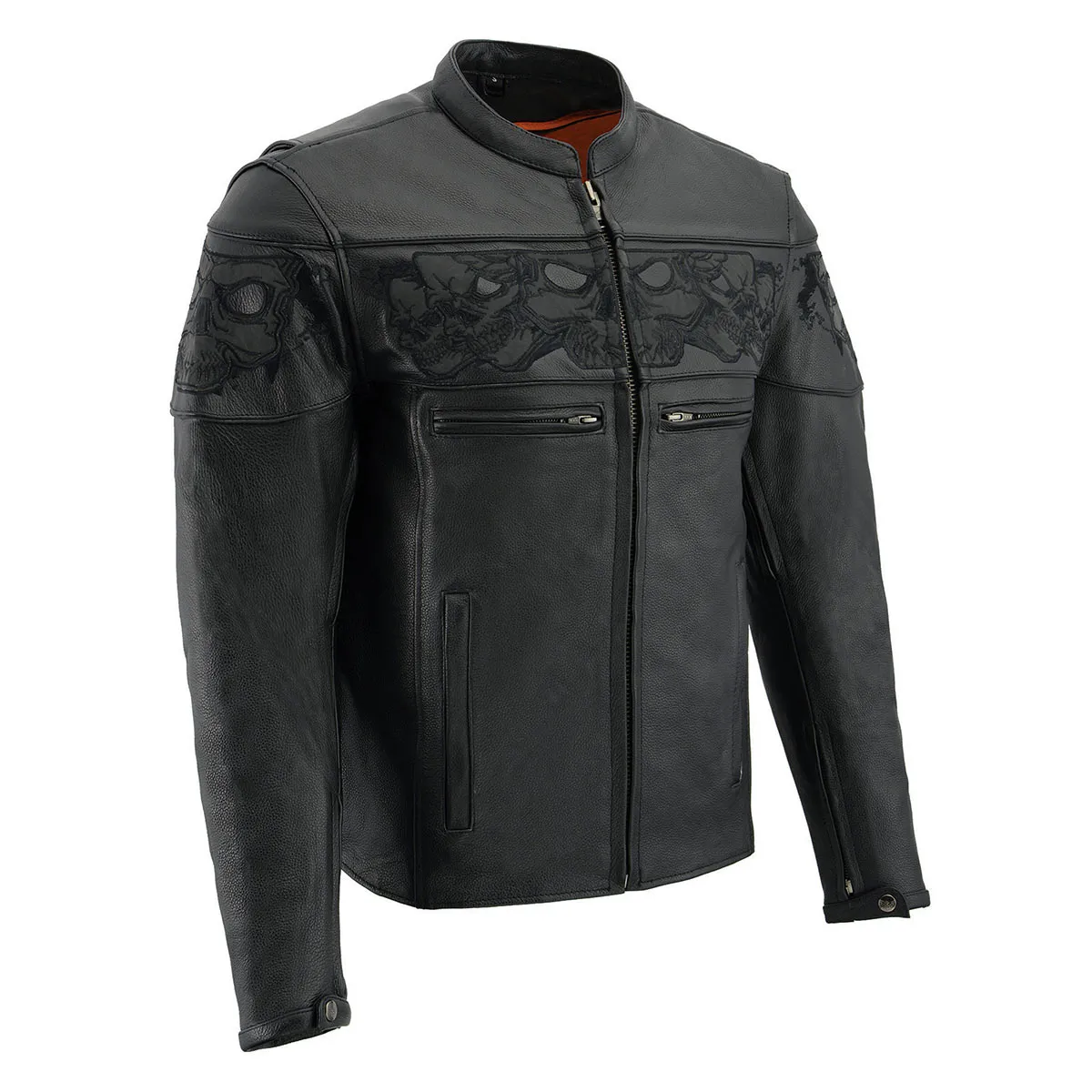 SKULL MLM1500 Men's Crossover Black Leather Scooter Jacket with Reflective Skulls