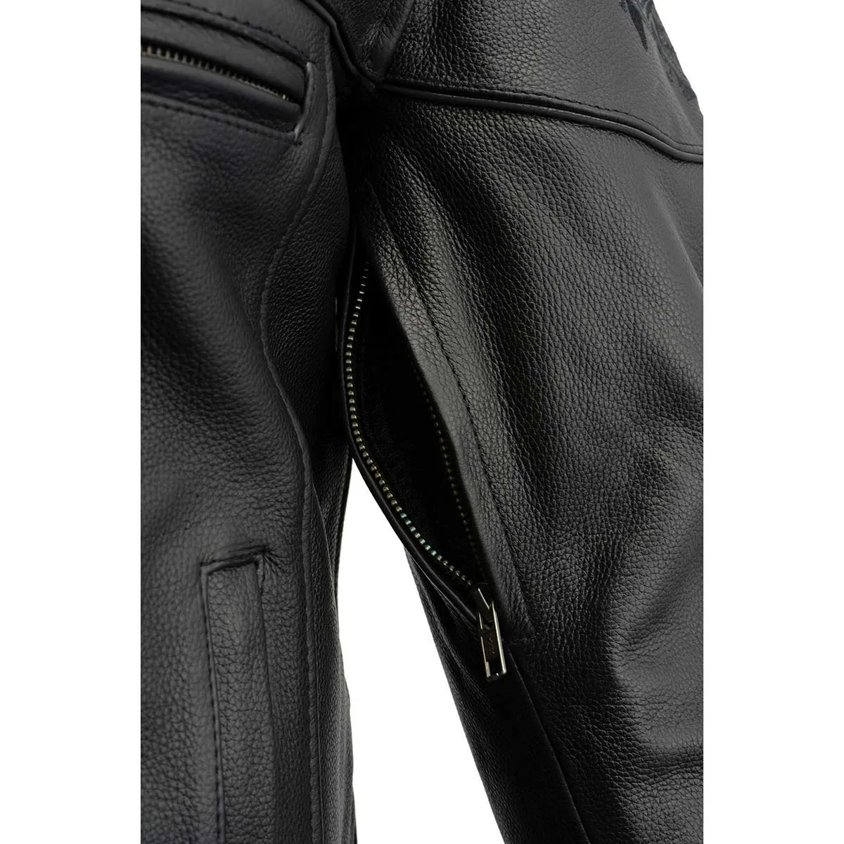 SKULL MLM1500 Men's Crossover Black Leather Scooter Jacket with Reflective Skulls