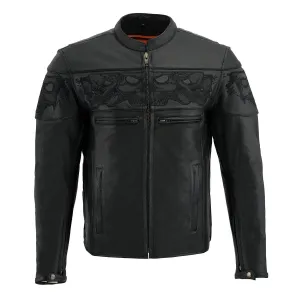 SKULL MLM1500 Men's Crossover Black Leather Scooter Jacket with Reflective Skulls
