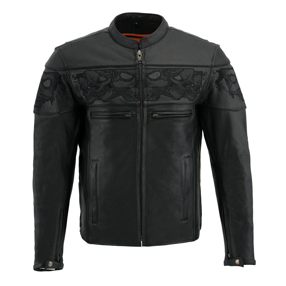 SKULL MLM1500 Men's Crossover Black Leather Scooter Jacket with Reflective Skulls