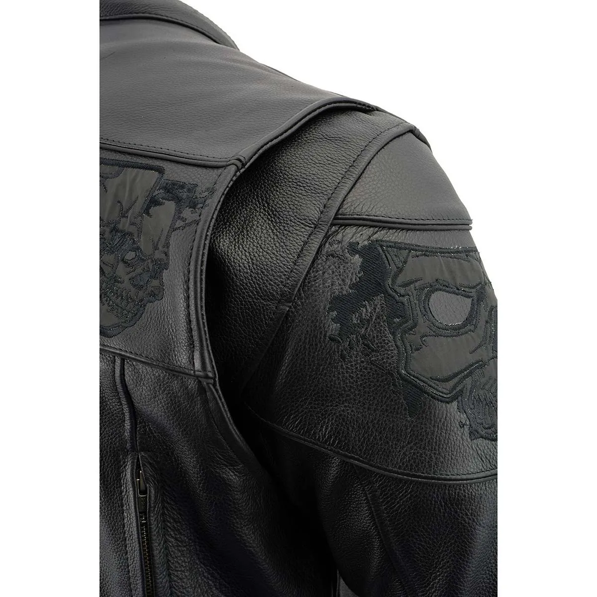 SKULL MLM1500 Men's Crossover Black Leather Scooter Jacket with Reflective Skulls