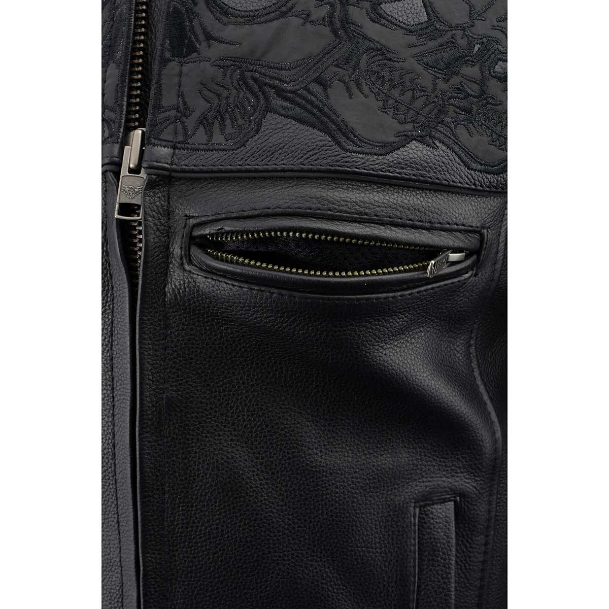 SKULL MLM1500 Men's Crossover Black Leather Scooter Jacket with Reflective Skulls