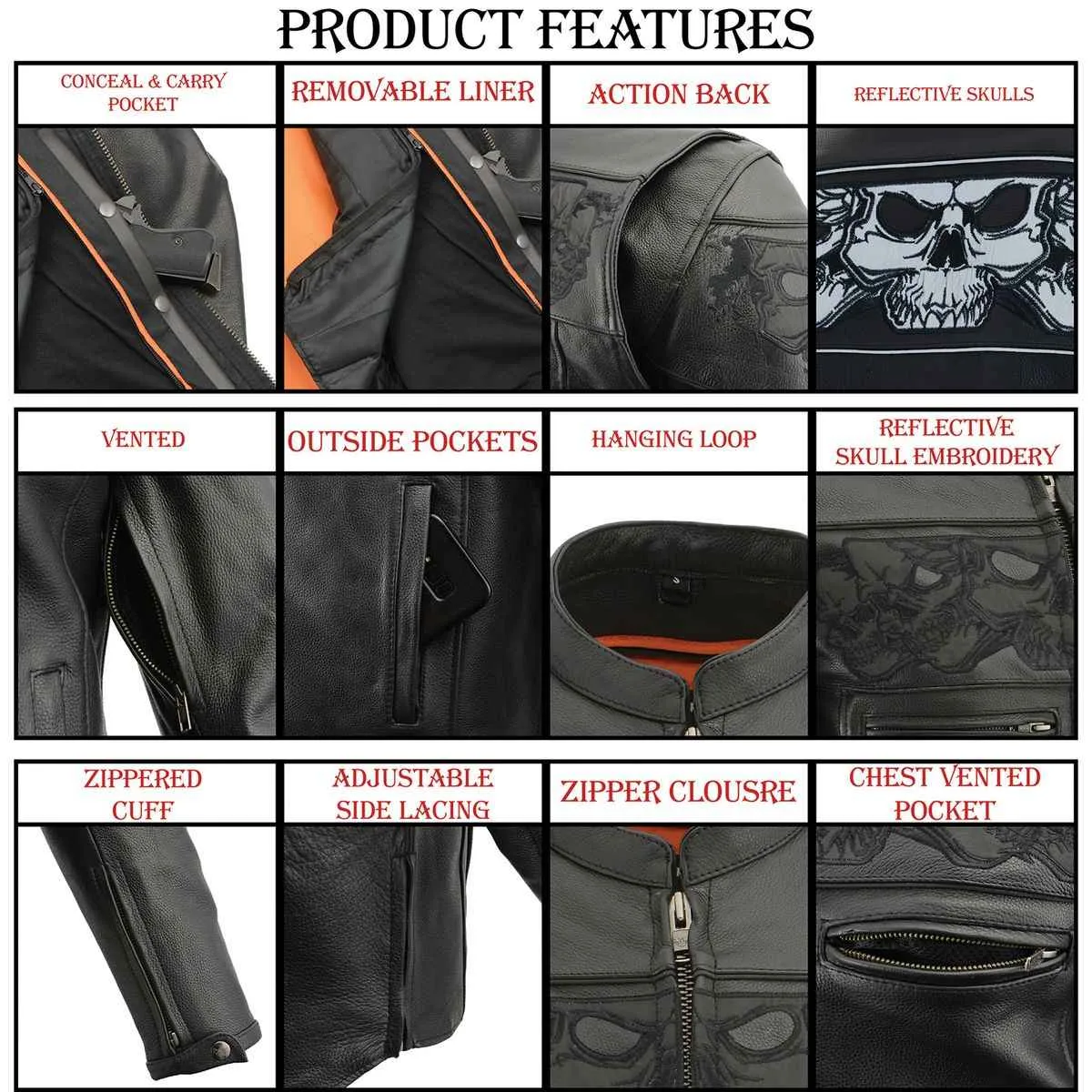SKULL MLM1500 Men's Crossover Black Leather Scooter Jacket with Reflective Skulls