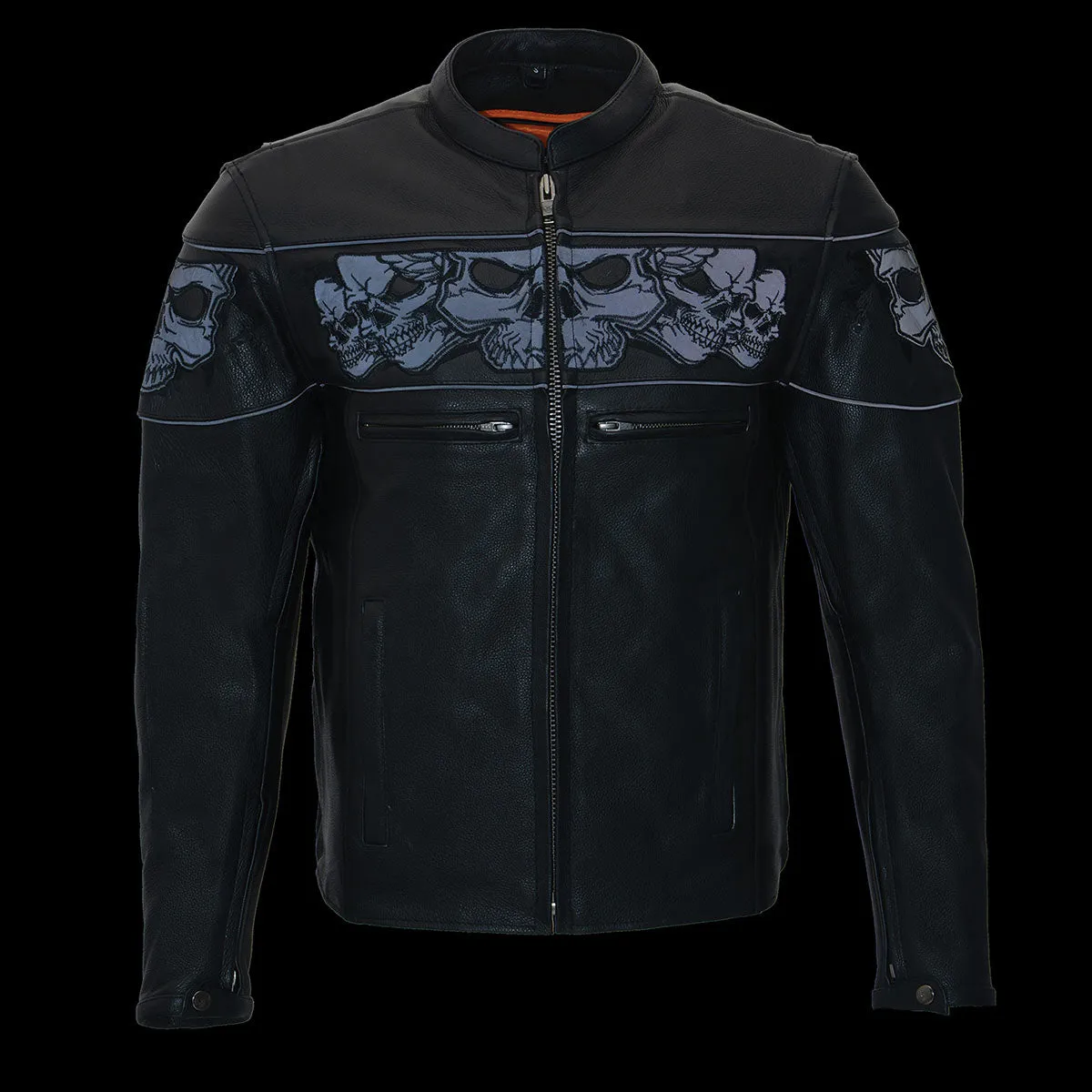 SKULL MLM1500 Men's Crossover Black Leather Scooter Jacket with Reflective Skulls