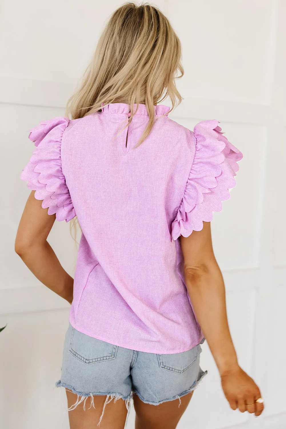 Solid Scalloped Ruffle Sleeve Top