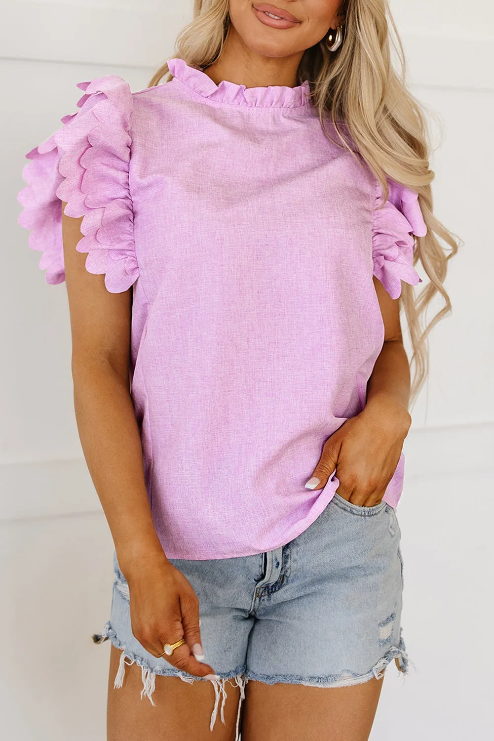 Solid Scalloped Ruffle Sleeve Top
