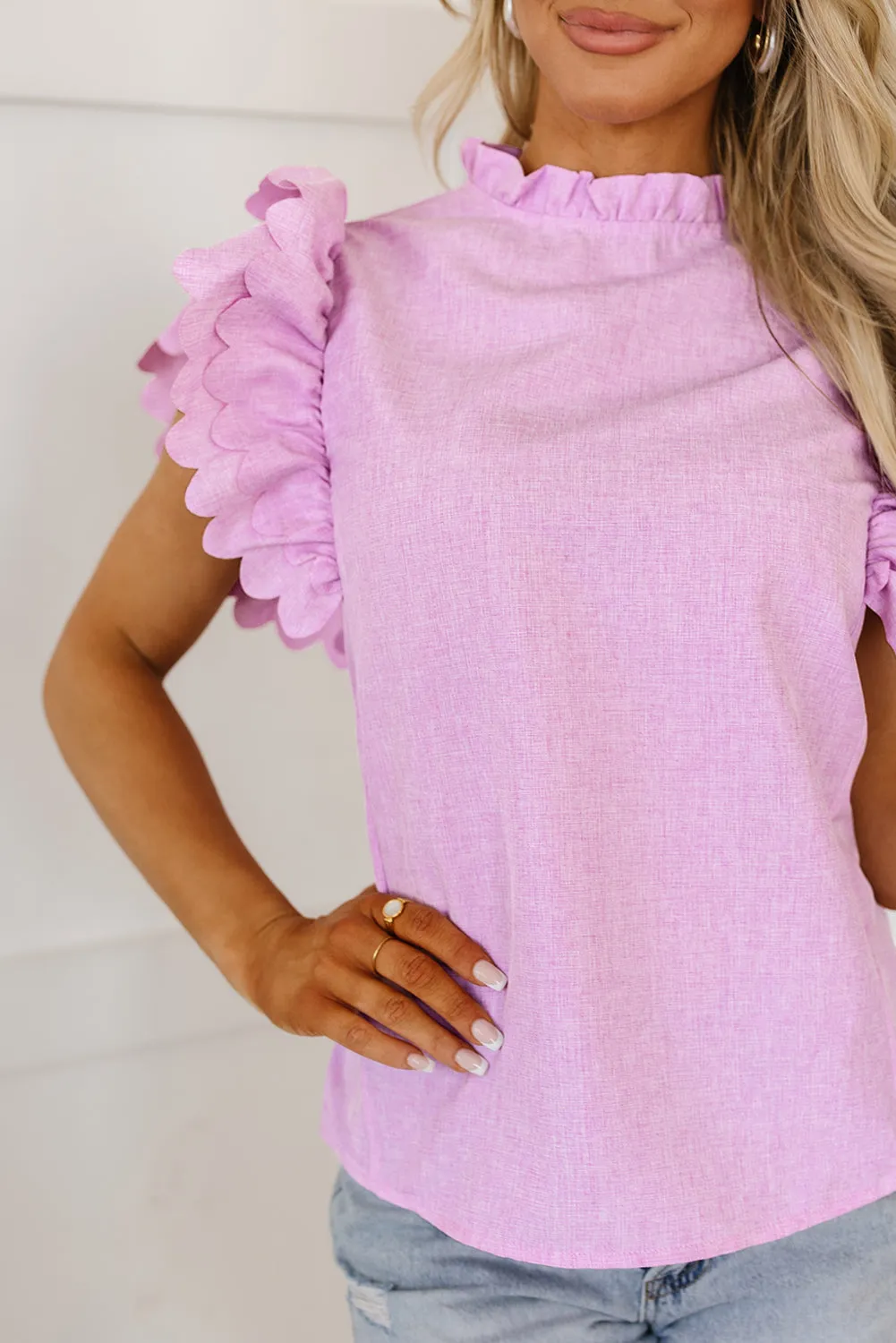 Solid Scalloped Ruffle Sleeve Top