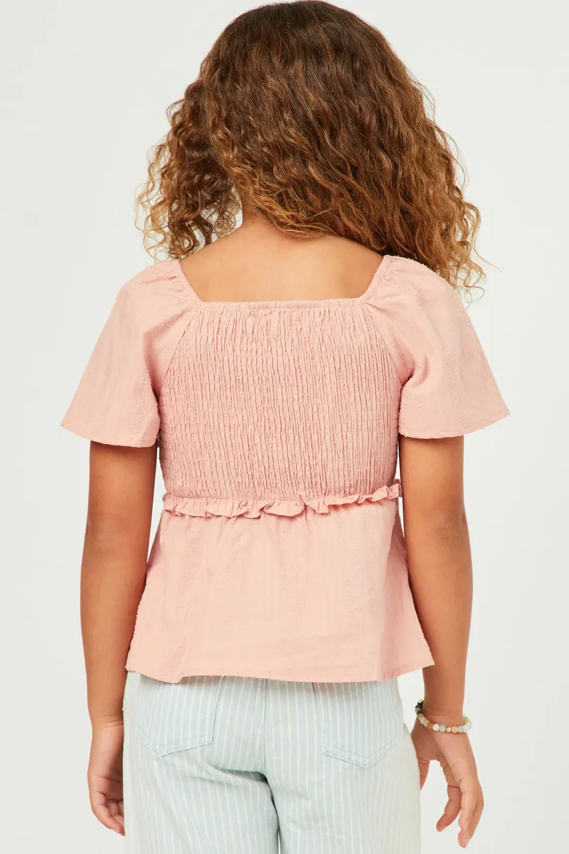 Square Neck Smocked Ruffle Sleeve Top