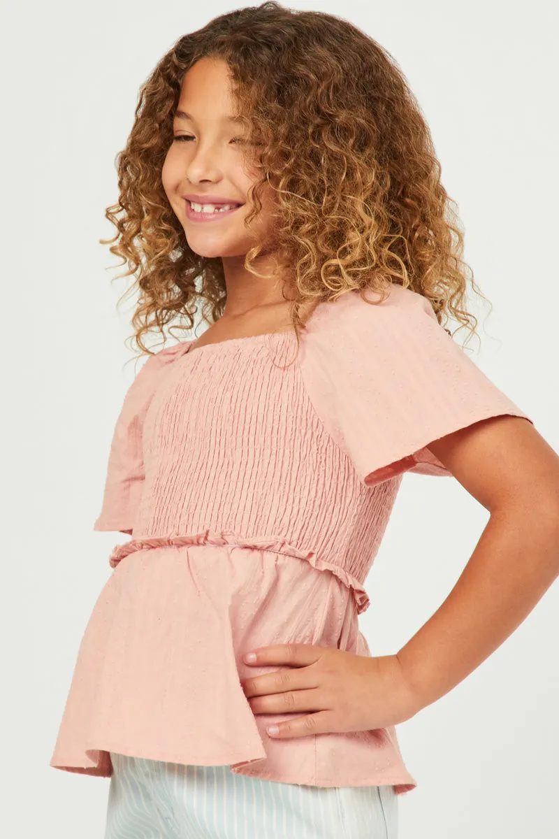 Square Neck Smocked Ruffle Sleeve Top