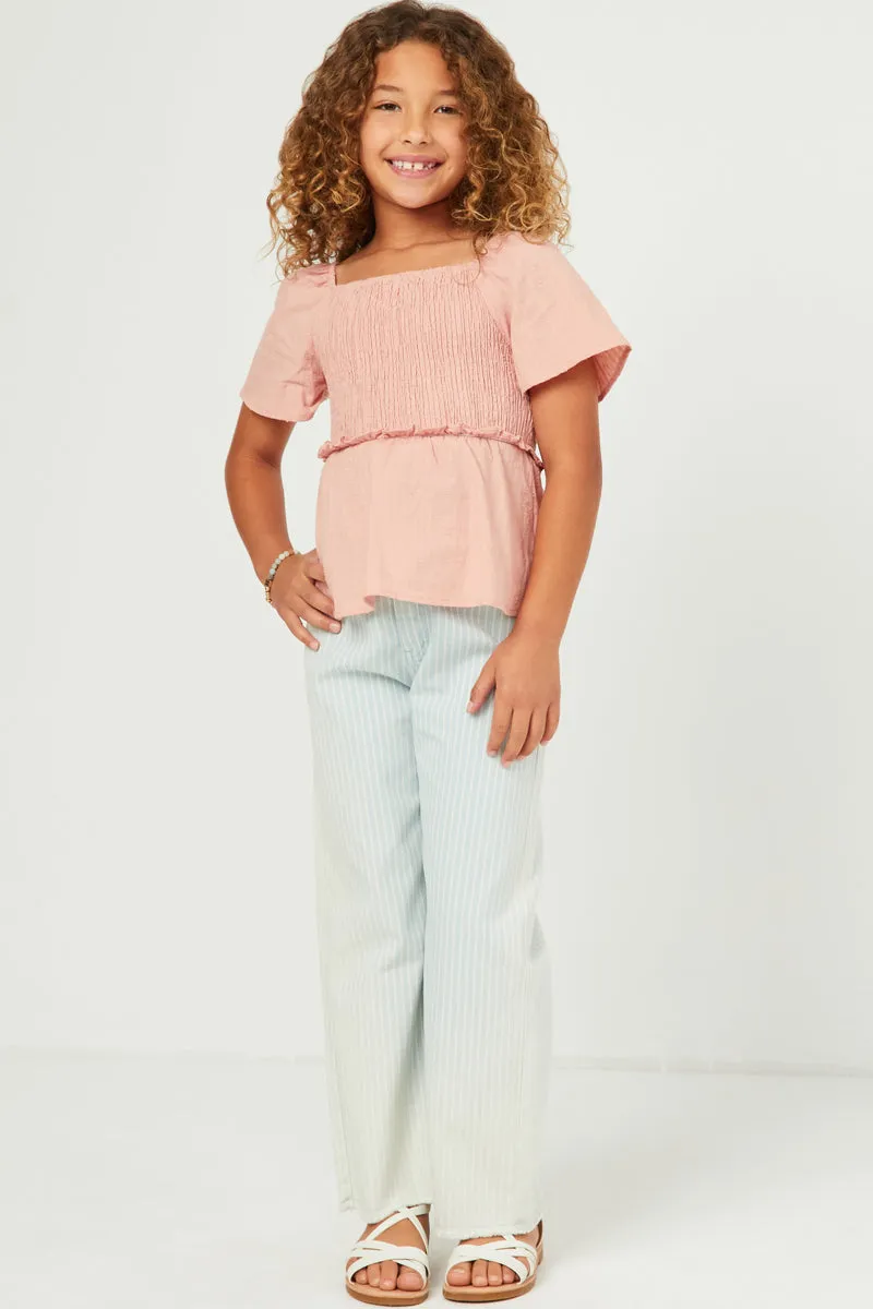 Square Neck Smocked Ruffle Sleeve Top