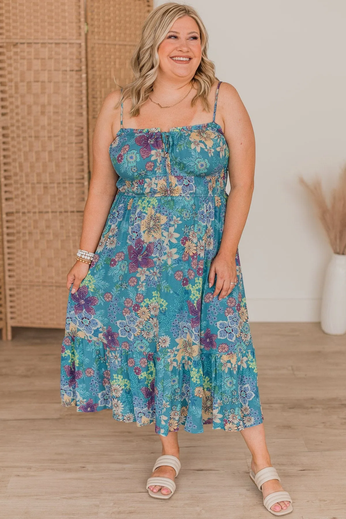 Starts With A Wish Floral Dress- Teal