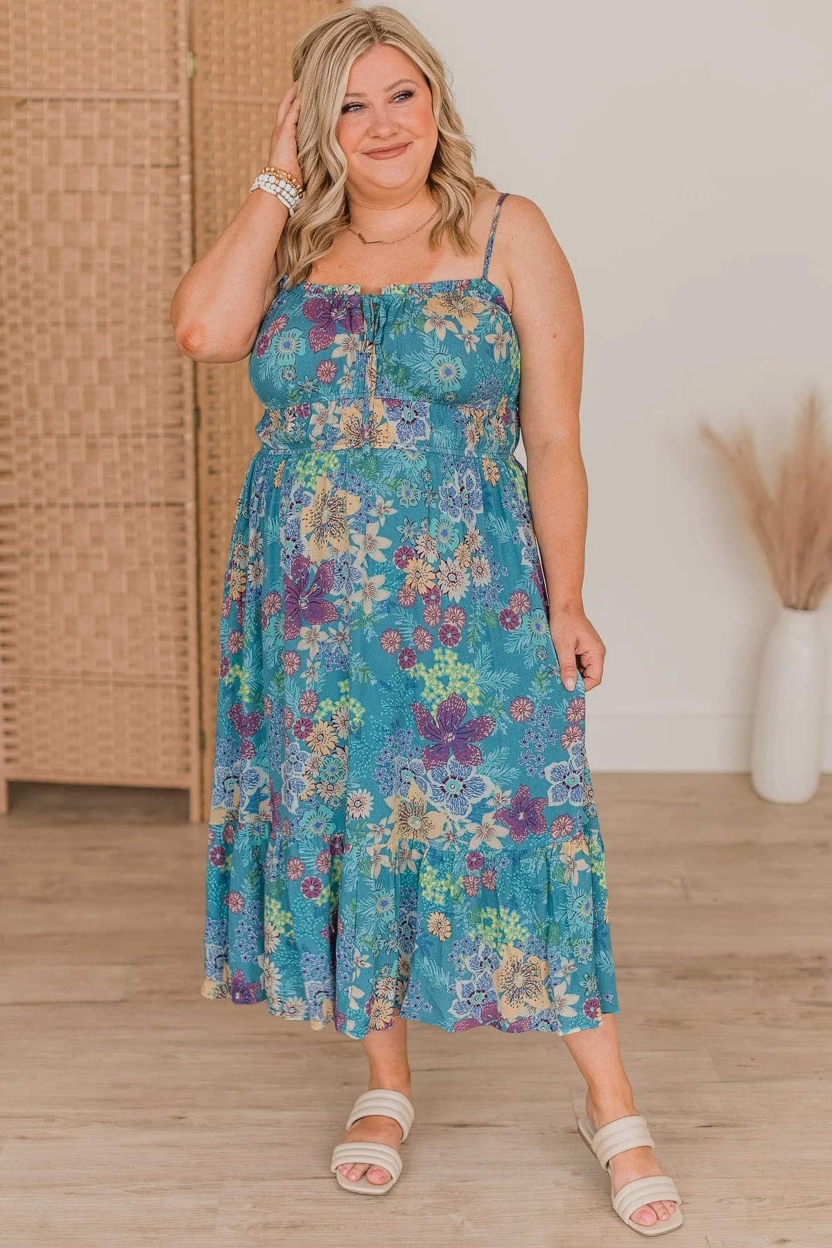 Starts With A Wish Floral Dress- Teal