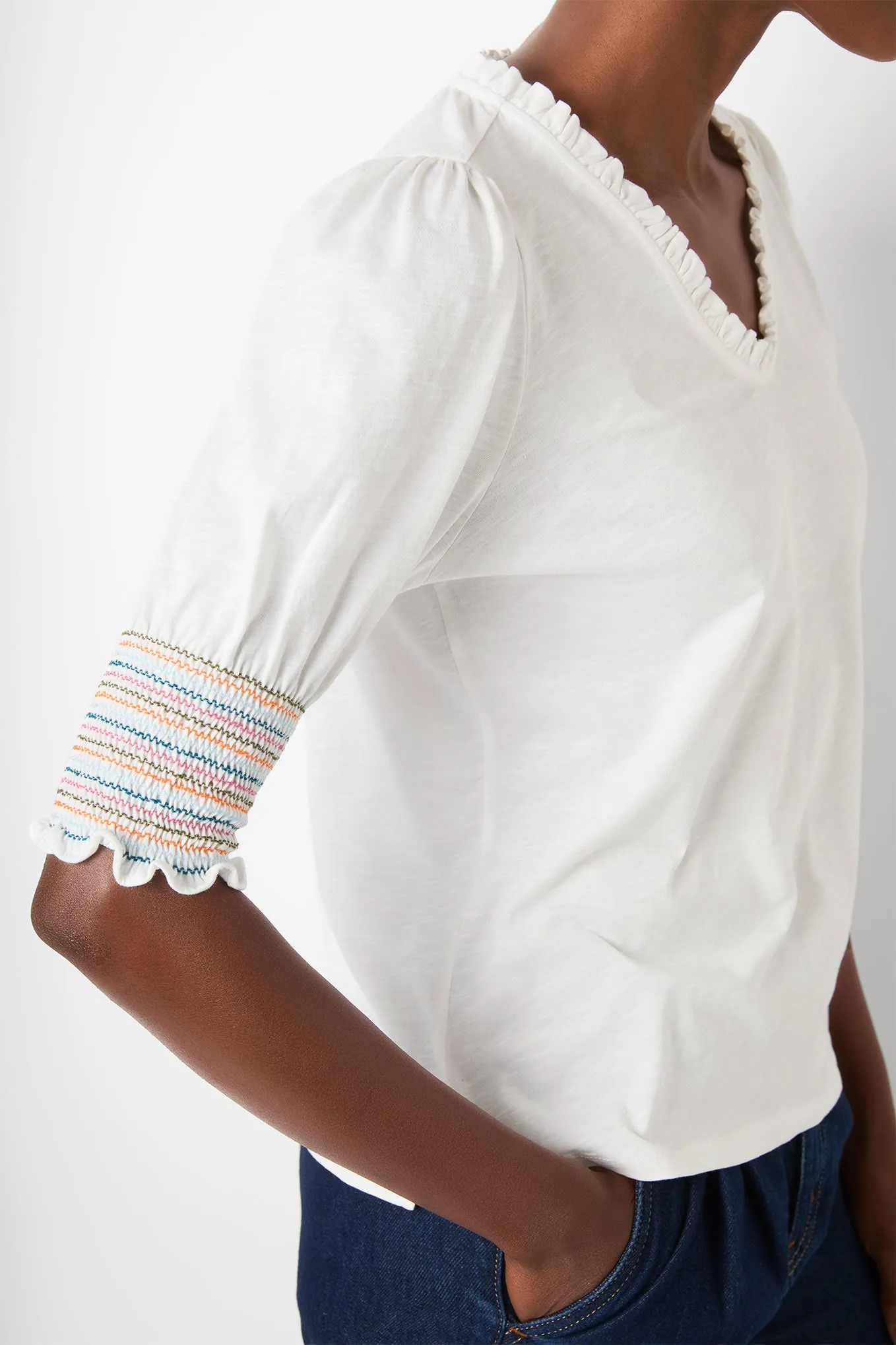 Stella Smocked Short Sleeve Tee - White