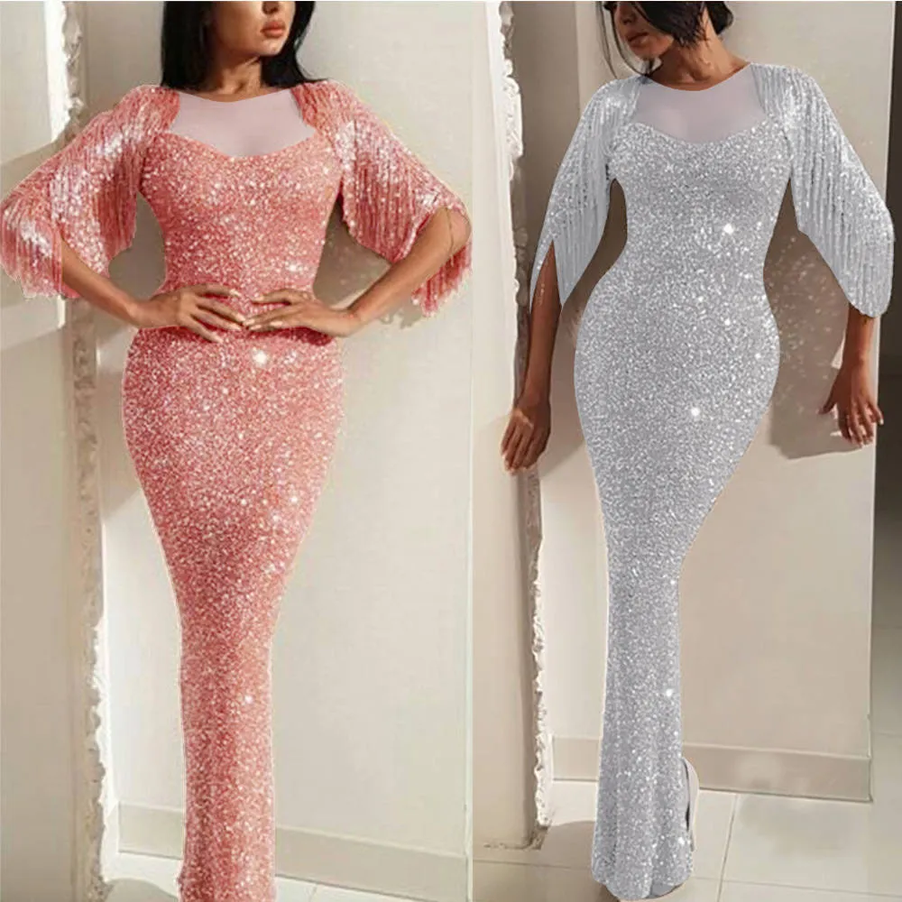 Stitching Tassel Blingbling Slim Pack Hip Fishtail Skirt Split Fork Women's Evening Dress
