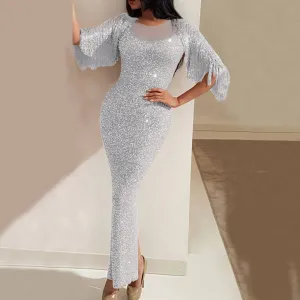 Stitching Tassel Blingbling Slim Pack Hip Fishtail Skirt Split Fork Women's Evening Dress