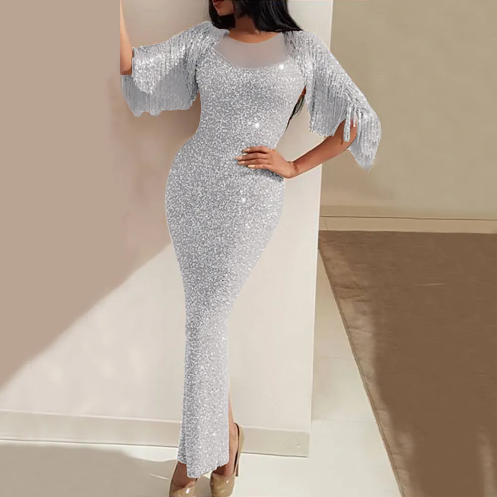 Stitching Tassel Blingbling Slim Pack Hip Fishtail Skirt Split Fork Women's Evening Dress