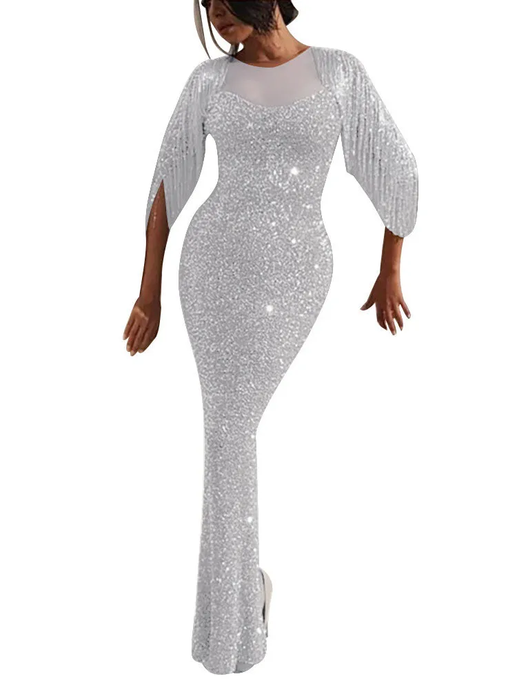 Stitching Tassel Blingbling Slim Pack Hip Fishtail Skirt Split Fork Women's Evening Dress