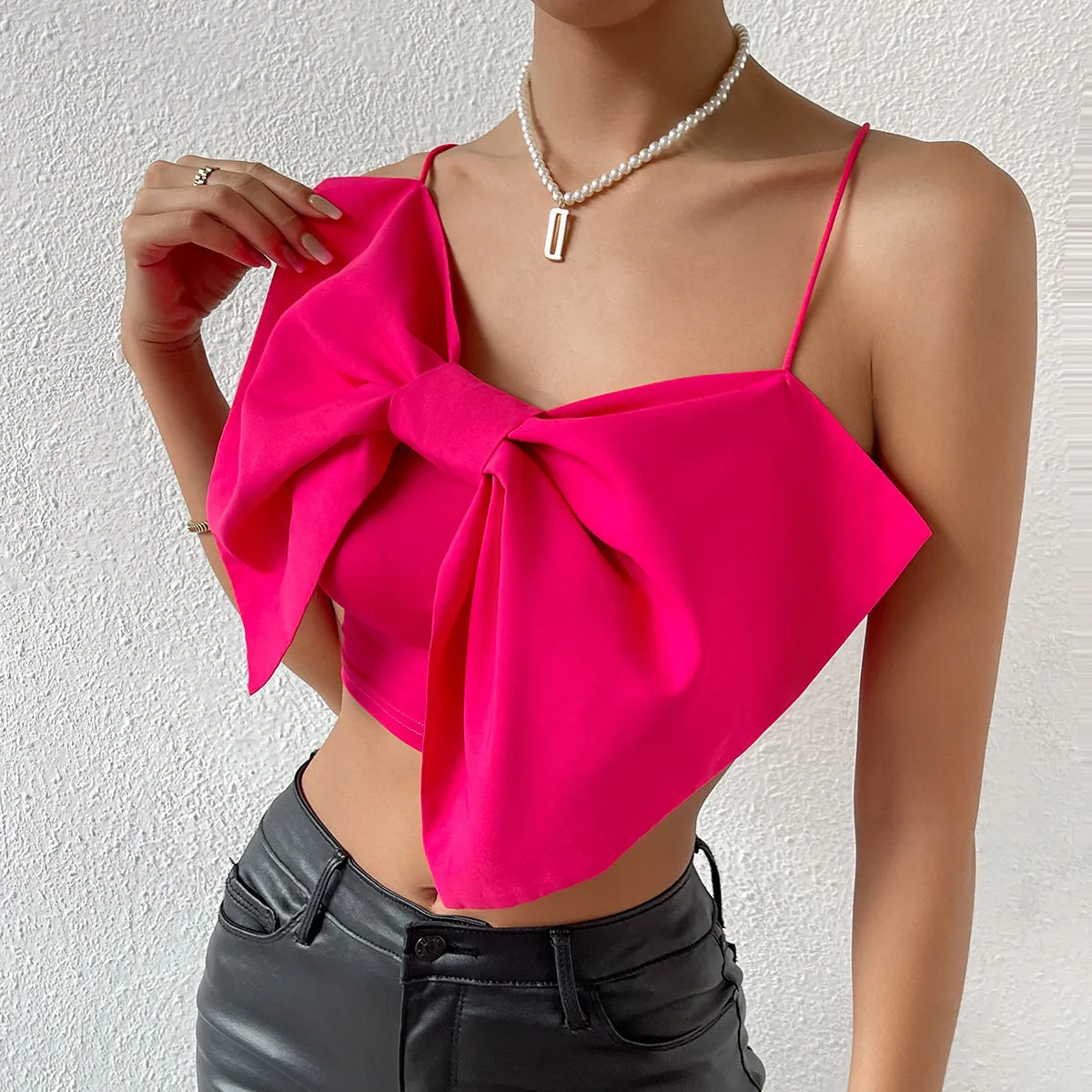 Street Chic Girl Backless Solid Color Wrapped Chest Design Sense Top Camisole Women Bowknot Strap Short Vest  C-240517-L2