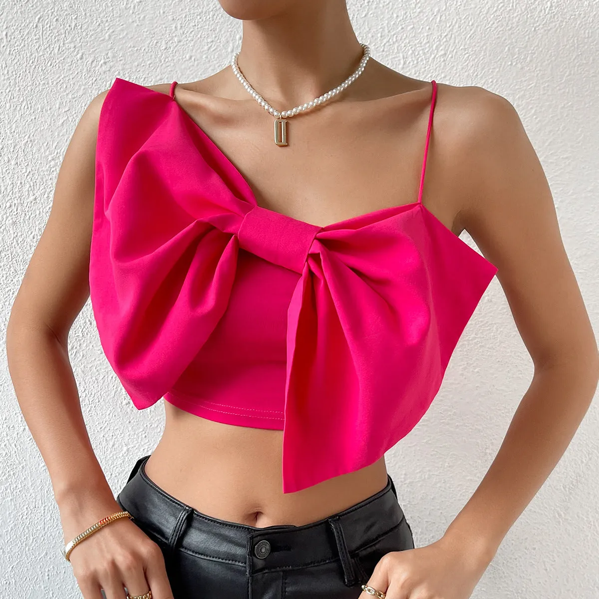 Street Chic Girl Backless Solid Color Wrapped Chest Design Sense Top Camisole Women Bowknot Strap Short Vest  C-240517-L2
