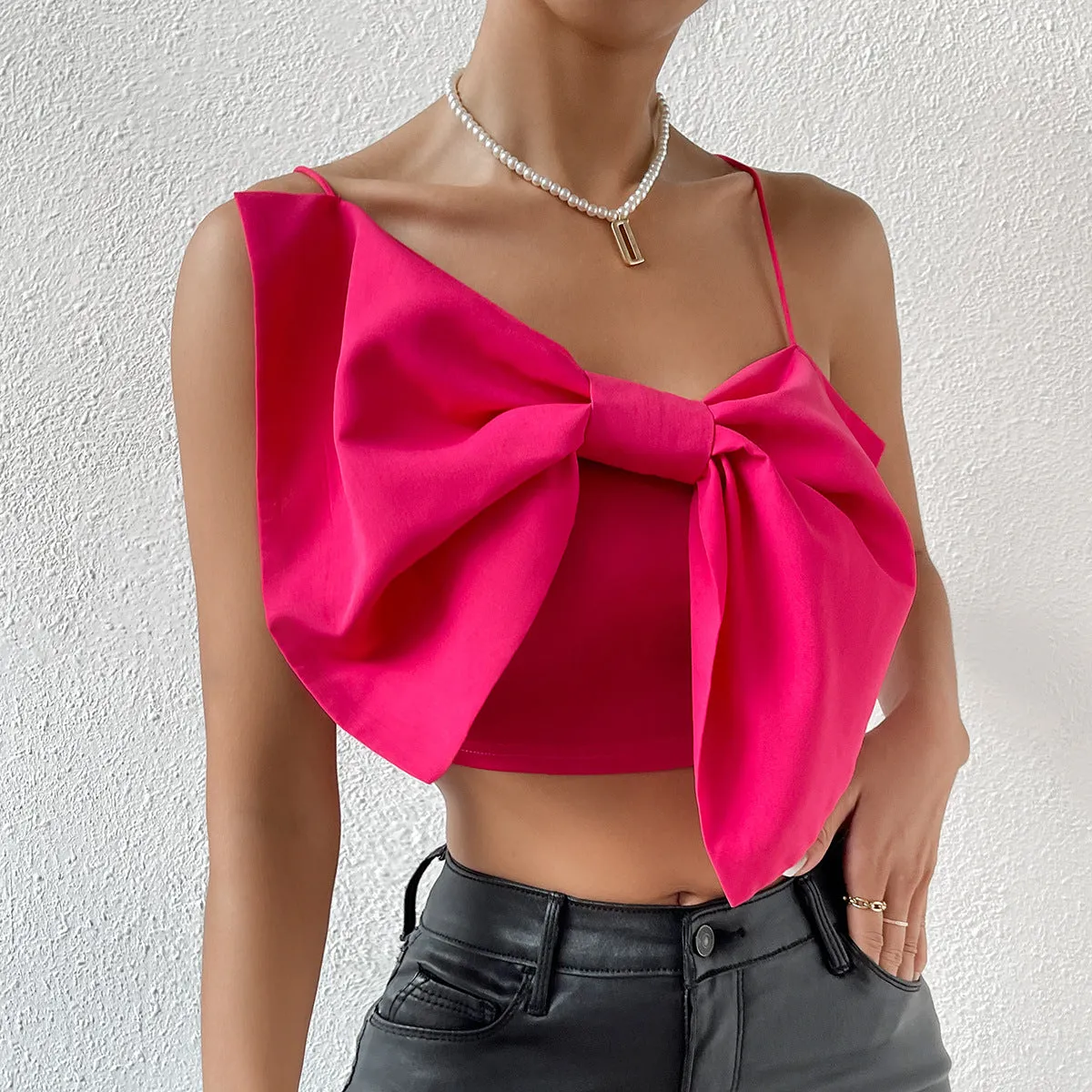 Street Chic Girl Backless Solid Color Wrapped Chest Design Sense Top Camisole Women Bowknot Strap Short Vest  C-240517-L2