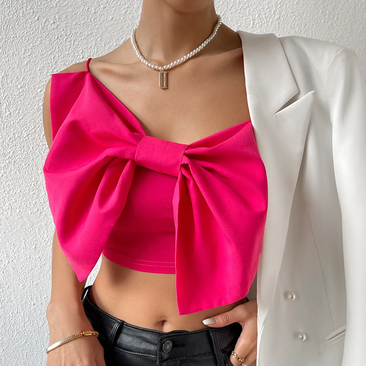 Street Chic Girl Backless Solid Color Wrapped Chest Design Sense Top Camisole Women Bowknot Strap Short Vest  C-240517-L2