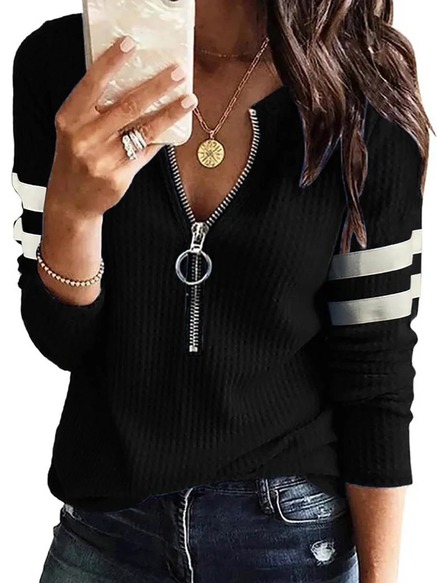 Stunncal V-Neck Zipper Splicing Long Sleeve T-shirt(6 colors)