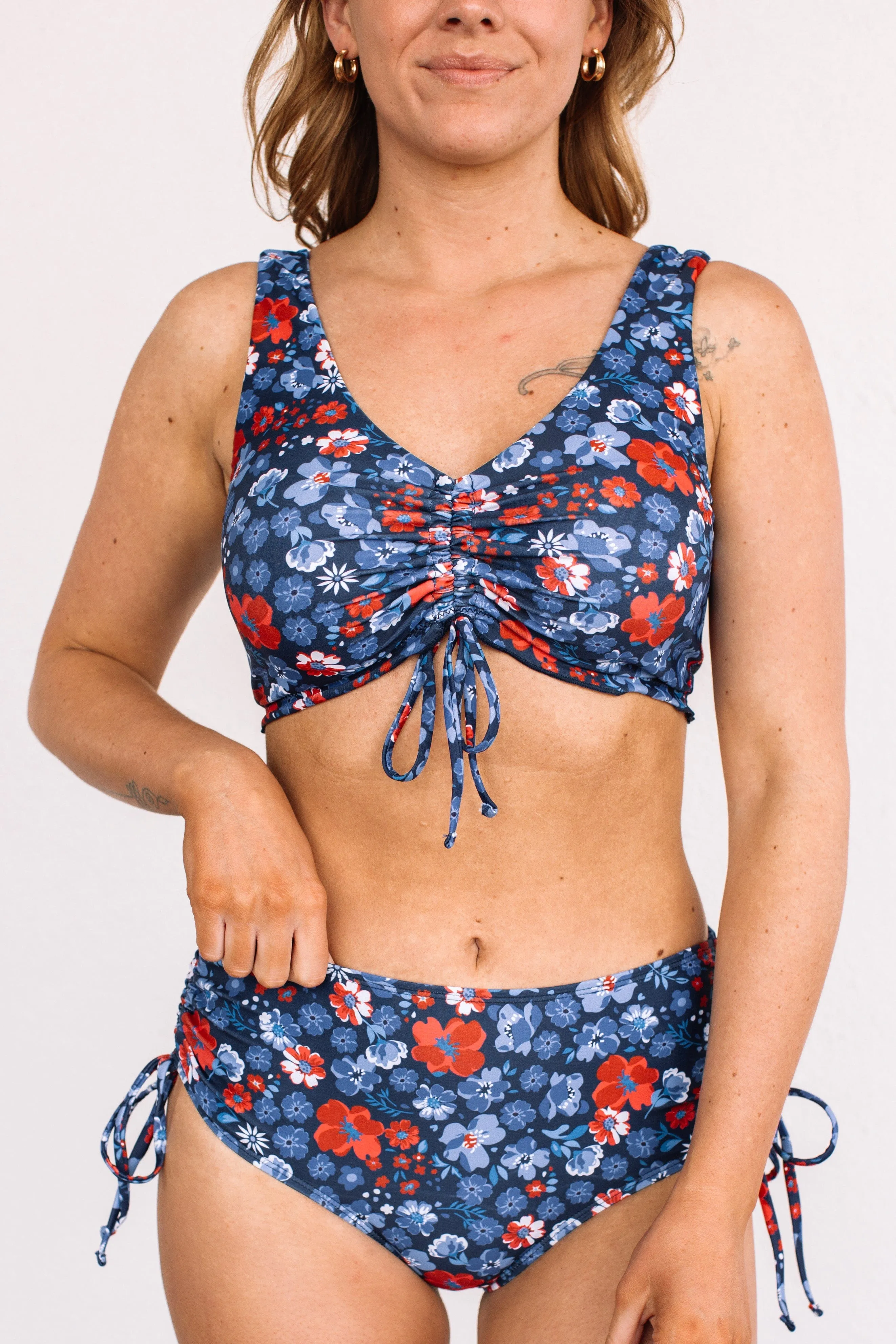 Surfing Through Life Cinched Swim Top- Navy Floral