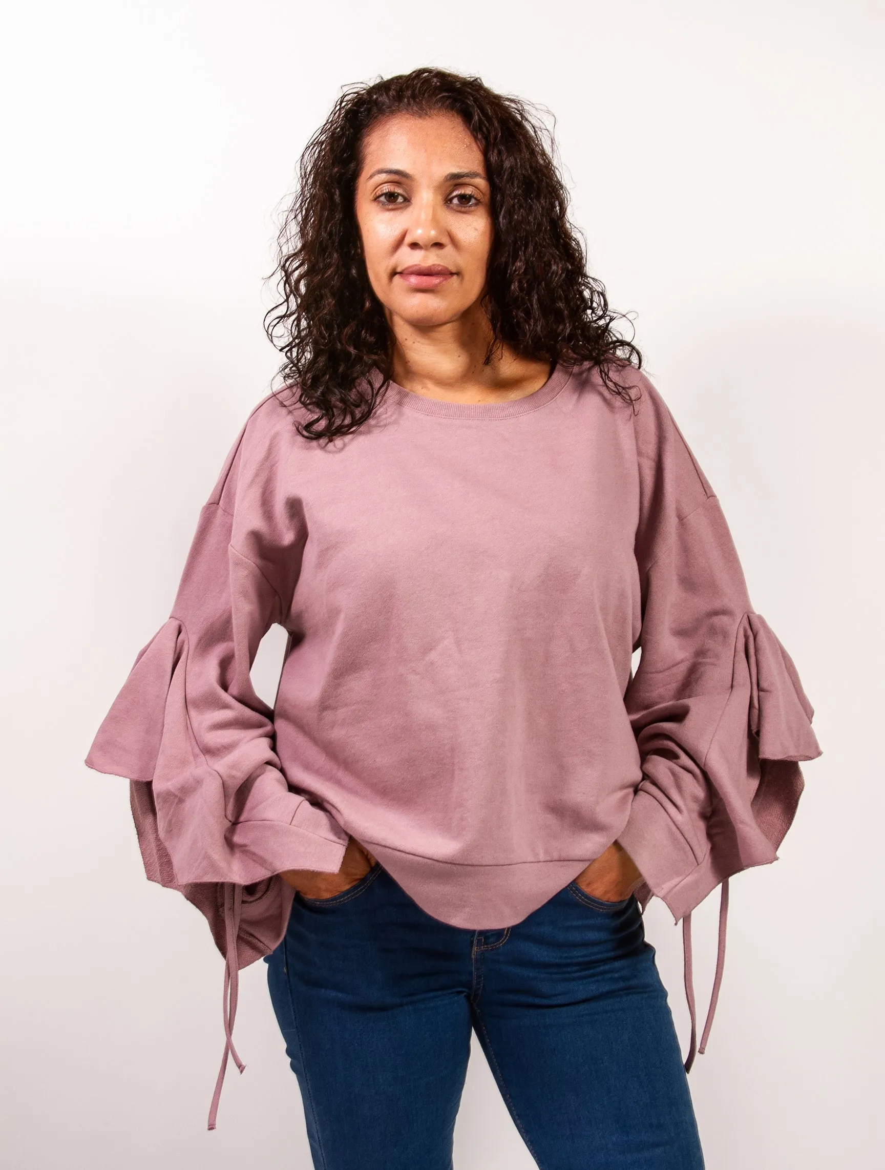 Sweatshirt Ruffle Tie Sleeve
