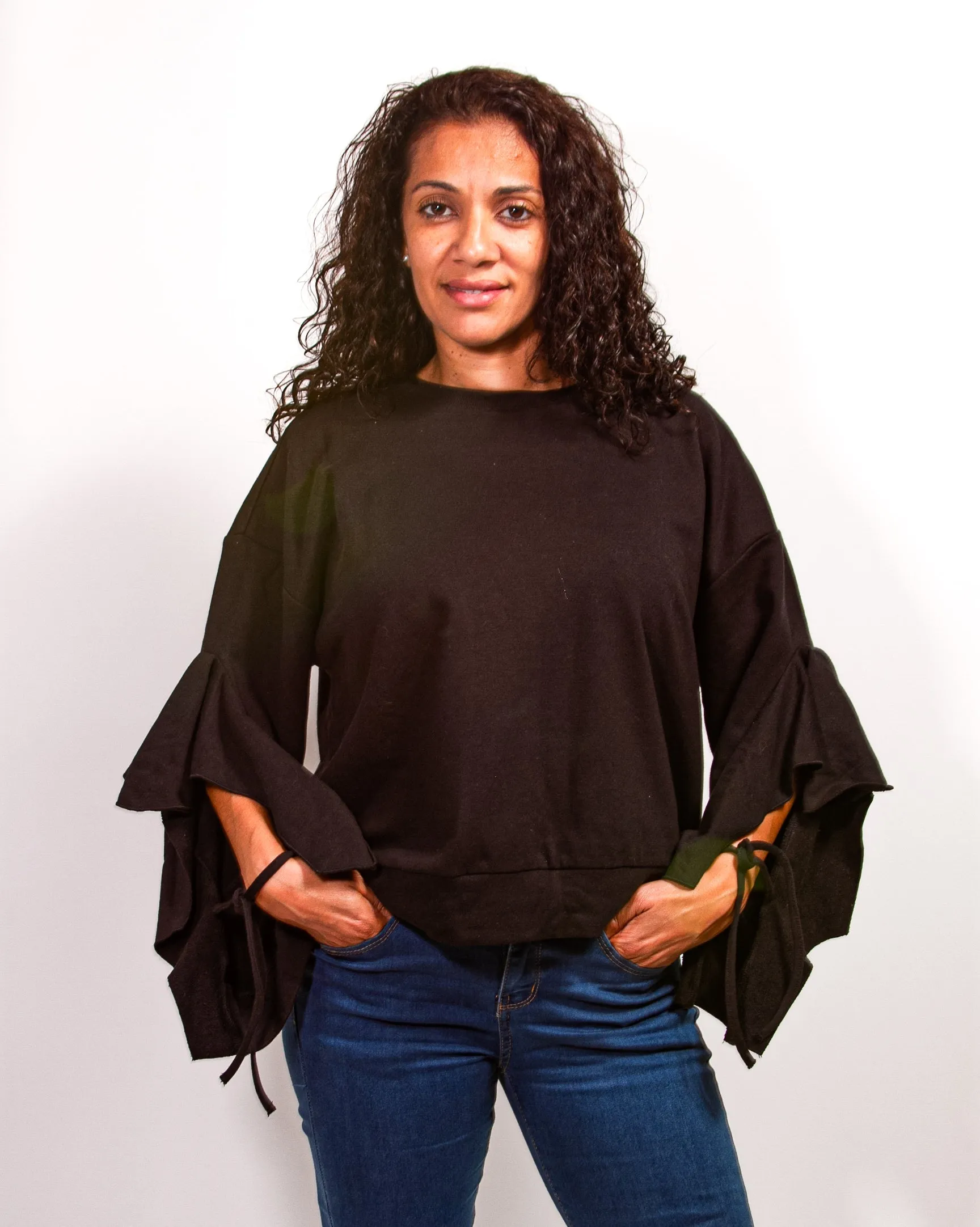 Sweatshirt Ruffle Tie Sleeve