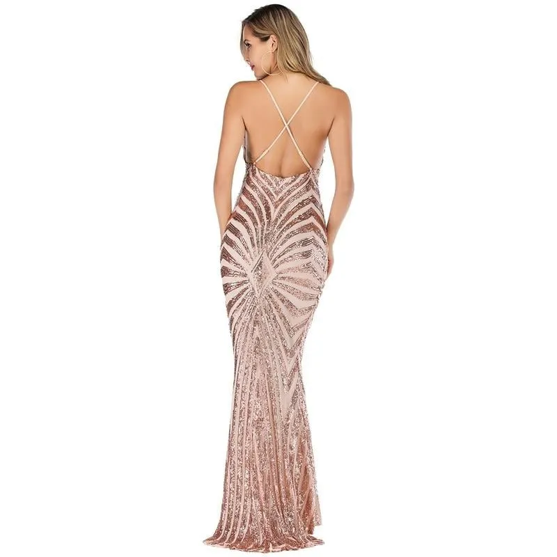 Sweet Gold Mermaid Maxi Sequin Evening Dress